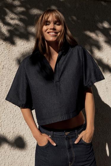 TRF DENIM SHIRT WITH POLO COLLAR - Dark indigo by Zara