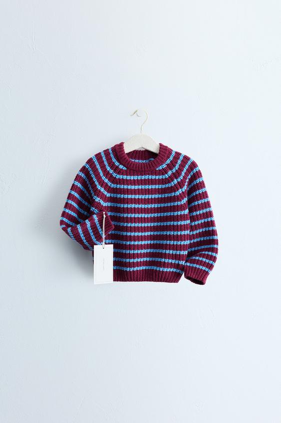 ZARA TIMELESS - STRIPED COTTON AND WOOL BLEND KNIT JUMPER - Burgundy by Zara - Image 0