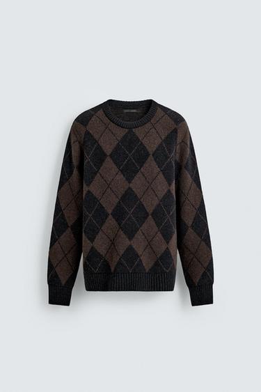 WOOL BLEND ARGYLE JACQUARD JUMPER - Dark brown by Zara