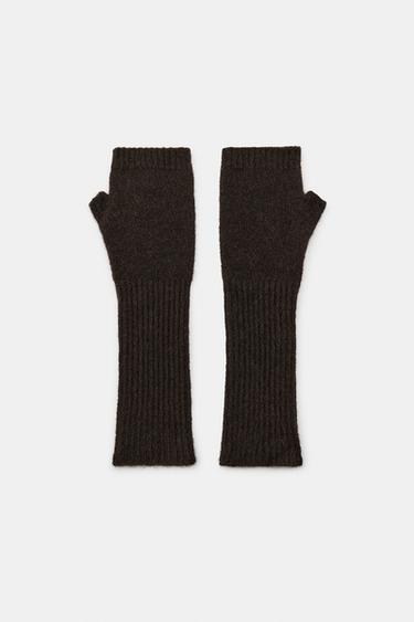 LONG KNIT MITTENS - Brown by Zara