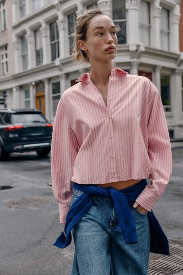 STRIPED BALLOON OXFORD SHIRT - Pink / White by Zara