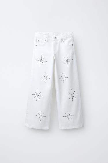 WIDE-LEG STUDDED JEANS - Ecru by Zara