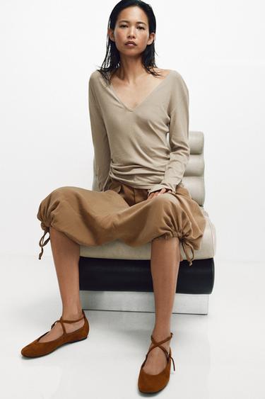LEATHER STRAP BALLET FLATS - Brown by Zara