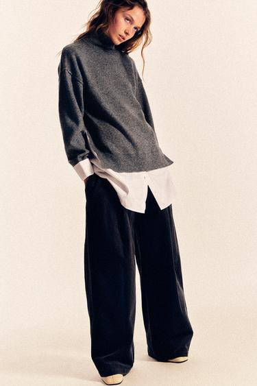 ZW COLLECTION WIDE-LEG CORDUROY TROUSERS WITH PLEATS - Petrol blue by Zara