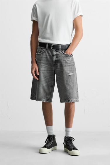 RIPPED BAGGY FIT DENIM BERMUDA SHORTS - Grey by Zara