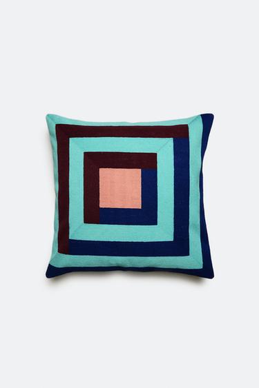 COTTON CUSHION COVER WITH SQUARES X COLLAGERIE - Blues by Zara