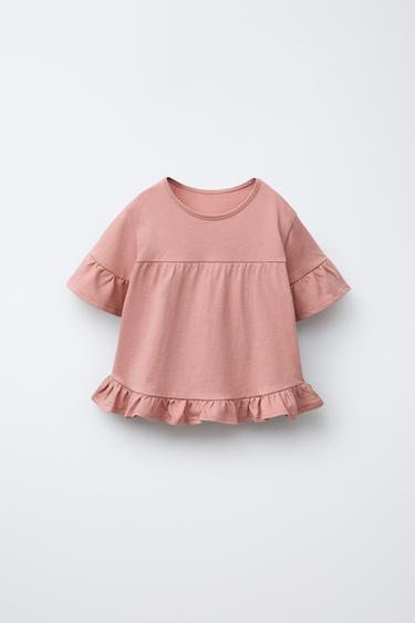 PLAIN T-SHIRT WITH RUFFLES - Terracotta by Zara