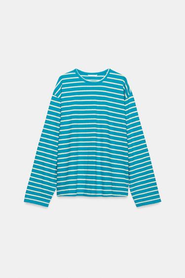 STRIPED COTTON AND LINEN T-SHIRT - Blue/White by Zara