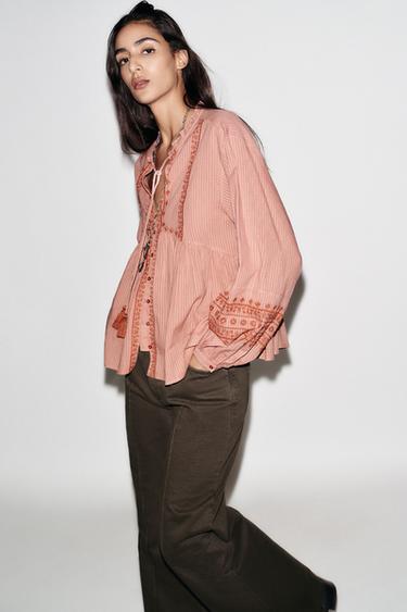 CONTRAST EMBROIDERY BLOUSE - MARSALA by Zara - Image 0
