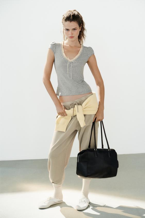 CONTRAST V-NECK T-SHIRT - Grey marl by Zara - Image 0