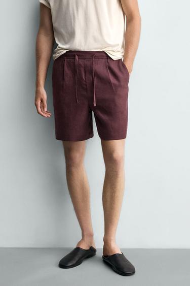 100% LINEN RELAXED FIT BERMUDA SHORTS - Burgundy by Zara