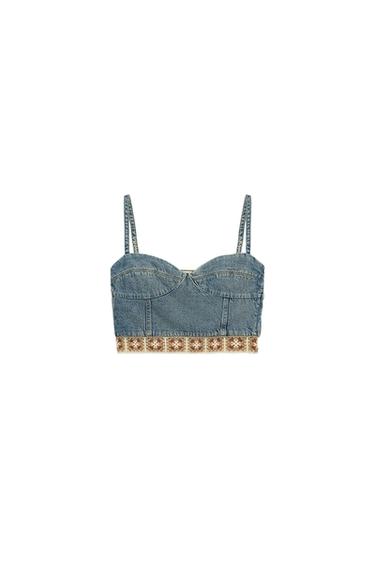 Z1975 DENIM CROCHET TOP - Mid-blue by Zara