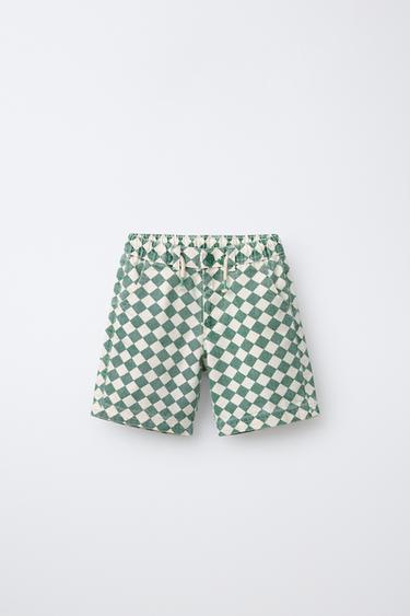 CHECKERBOARD TWILL BERMUDA SHORTS - Green / Ecru by Zara