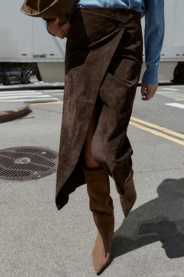 100% LEATHER WRAP MIDI SKIRT - Brown by Zara