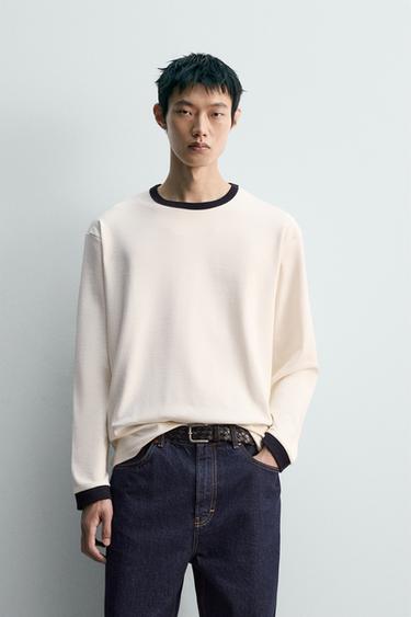 LONG SLEEVE T-SHIRT WITH CONTRAST RIB - Oyster-white by Zara