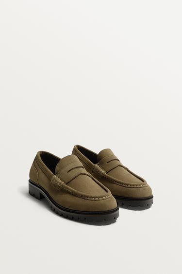 LEATHER PENNY LOAFERS WITH TRACK SOLE - Beige by Zara