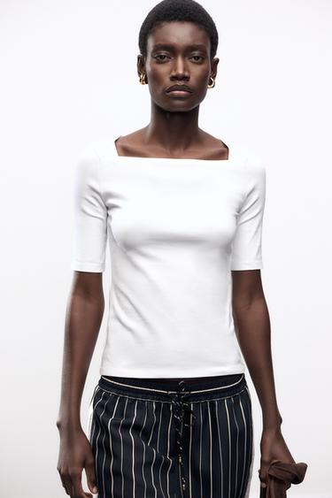 SQUARE NECKLINE T-SHIRT - White by Zara