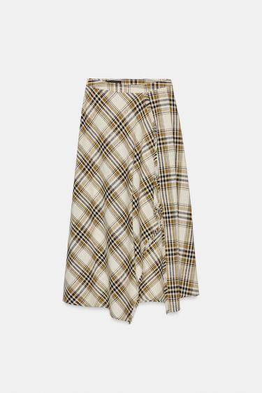 ASYMMETRIC CHECKS MIDI SKIRT - Ecru / Black by Zara