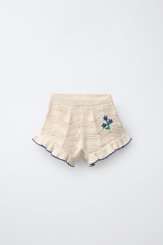 KNIT BERMUDA SHORTS WITH FLORAL EMBROIDERY - Ecru / Blue by Zara - Image 0