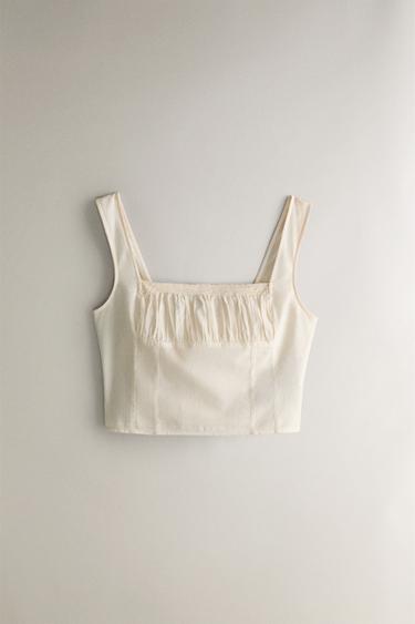 GATHERED LACE AND COTTON TOP - Pink by Zara - Image 0