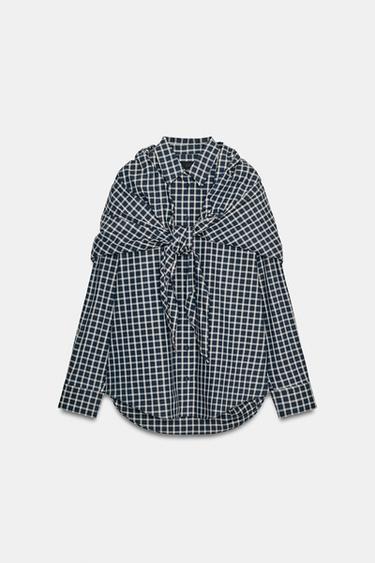 ZW COLLECTION CHECK SHIRT WITH SCARF - Navy blue by Zara
