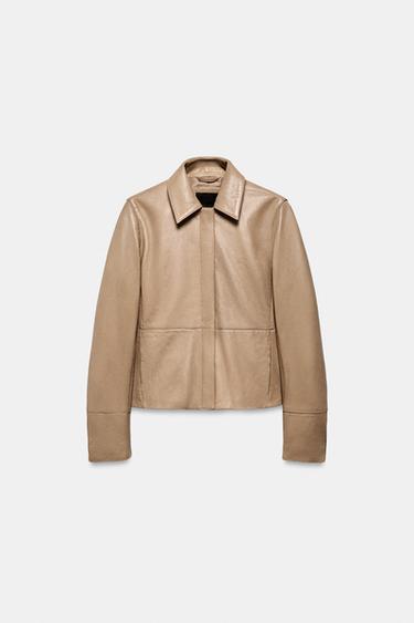 100% LEATHER FITTED BLAZER - Stone by Zara