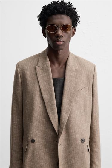 STRIPED TEXTURED SUIT BLAZER - mink brown by Zara