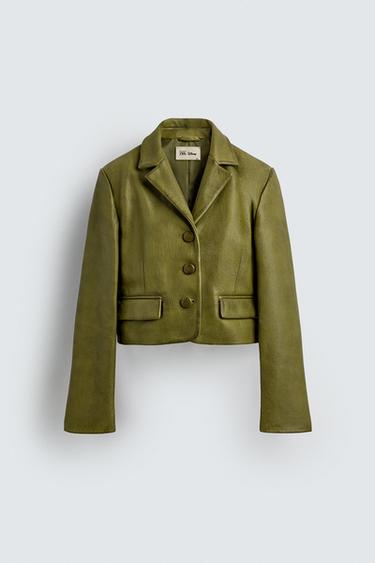 CROPPED FIT LEATHER BLAZER HARRY LAMBERT FOR ZARA X DISNEY - Green by Zara