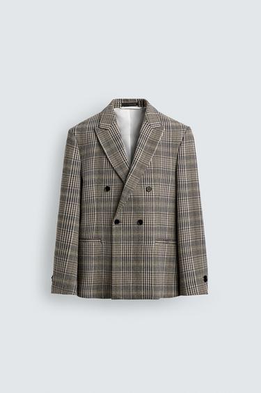 DOUBLE-BREASTED CHECK BLAZER - camel by Zara