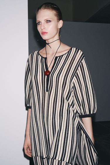 STRIPED KNIT TOP WITH LINEN - Ecru / Black by Zara