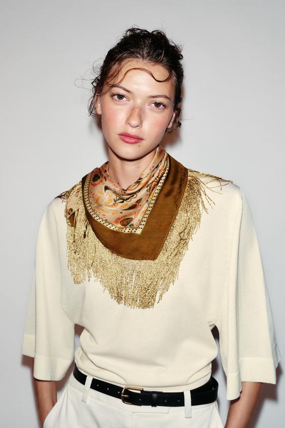 VISCOSE-SILK FRINGED PRINTED SCARF - Ecru by Zara - Image 0