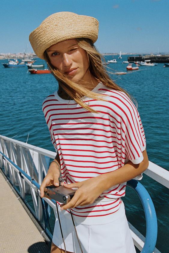 WIDE SHORT SLEEVE KNIT TOP - Red Stripe by Zara - Image 0