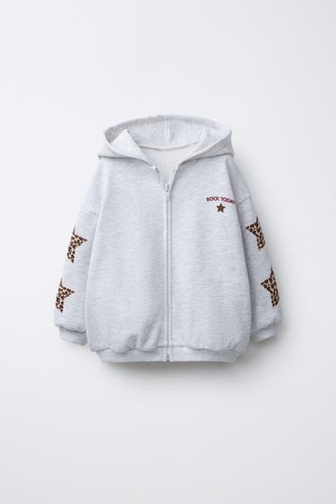 HOODIE WITH STAR PATCHES AND ANIMAL PRINT - Grey marl by Zara