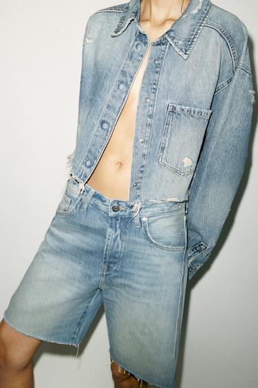 CROPPED RIPPED DENIM OVERSHIRT - Blue by Zara