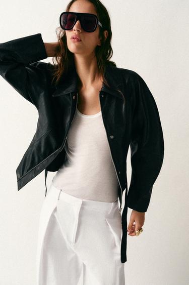 LEATHER EFFECT BELTED JACKET - Black / White by Zara