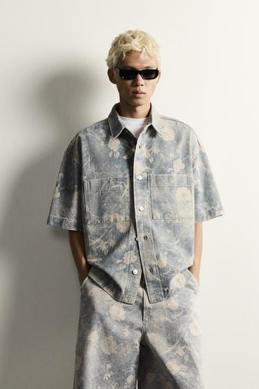 RELAXED FIT WASHED FLORAL PRINT SHIRT - Light blue by Zara