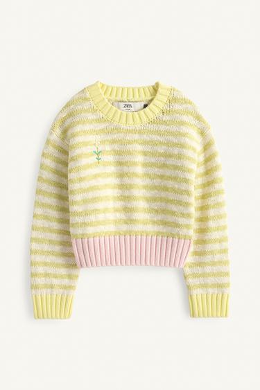 LIMITED EDITION STRIPED KNIT JUMPER WITH EMBROIDERED FLOWER - Lime by Zara