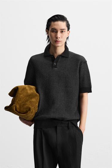 CONTRAST JACQUARD KNIT POLO SHIRT - Black by Zara
