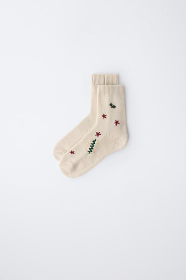 EMBROIDERED WOOL SOCKS - Ecru by Zara