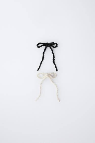 PACK OF TWO BOW HAIR CLIPS WITH BEADS - Black / White by Zara