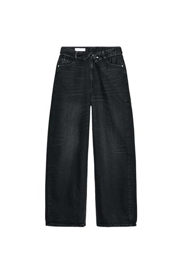 TRF MID-WAIST FOLDED WAIST JEANS - Black by Zara