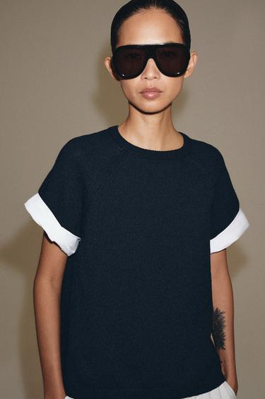 CONTRAST TURN-UP SLEEVE KNIT JUMPER - Navy blue by Zara