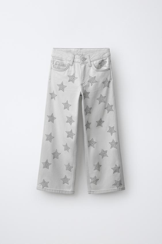 STAR PRINT STUDDED WIDE-LEG JEANS - Grey marl by Zara - Image 0