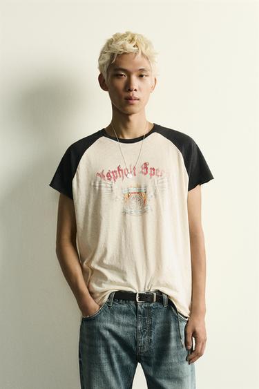 WASHED COLOUR BLOCK PRINT T-SHIRT - Oyster-white by Zara