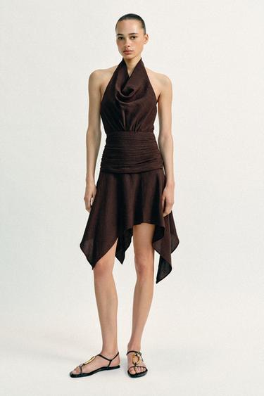 HALTER MINI DRESS WITH ASYMMETRIC HEM - Dark brown by Zara