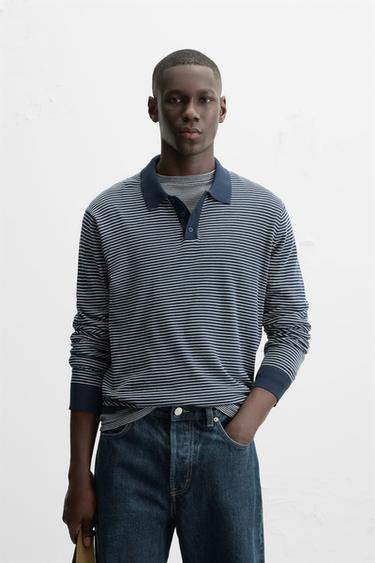 STRIPED KNIT POLO SHIRT - Navy blue by Zara