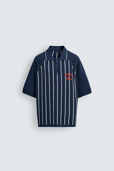 STRIPED EMBROIDERED PATCH KNIT POLO SHIRT - Ink blue by Zara