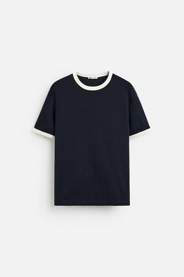 BASIC CONTRAST RIB T-SHIRT - Navy blue by Zara