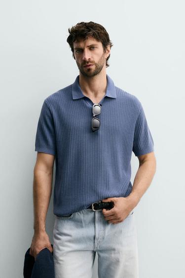 TEXTURED REGULAR FIT KNIT POLO SHIRT - Faded sky blue by Zara