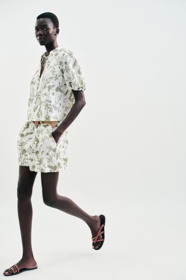 PRINTED BERMUDA SHORTS WITH PERFORATED EMBROIDERY - ecru/khaki by Zara - Image 0